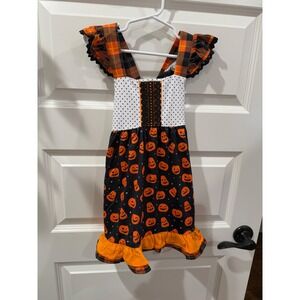 Girls Abby & Evie Halloween Pumpkin Black Orange Lace Plaid Dress Size 4 Ruffle